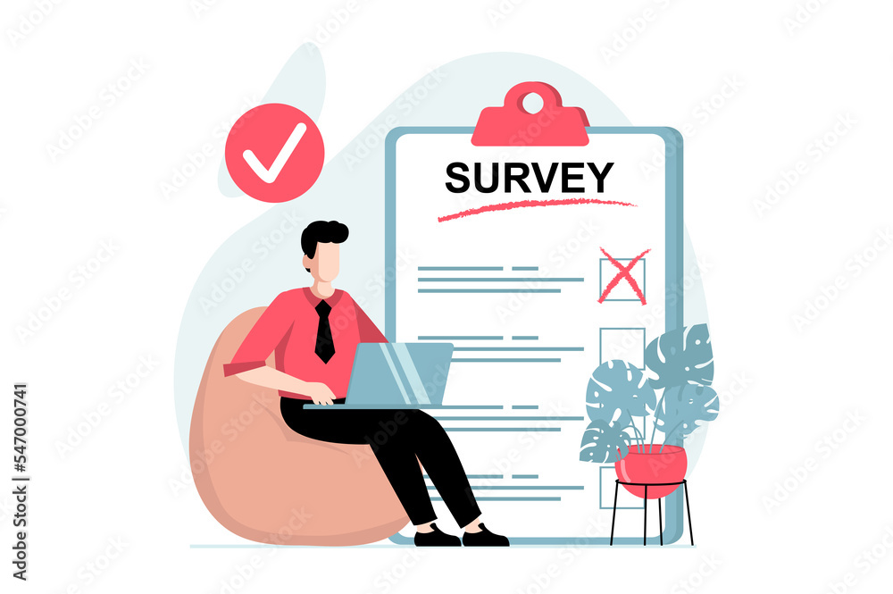 Fototapete Online survey concept with people scene in flat design. Man participates in marketing research and answers questions in digital questionnaire. Illustration with character situation for web