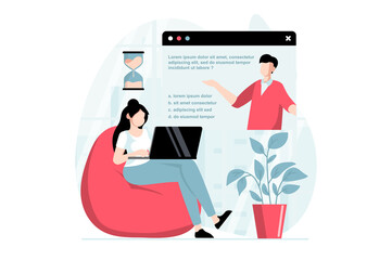 Online survey concept with people scene in flat design. Woman listening video questions and answers in questionnaire and filling digital form. Illustration with character situation for web