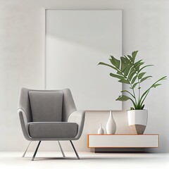 Obraz na płótnie Canvas Modern living room mockup, gray velvet chair, plant and console on empty white background, minimal design, 3d render