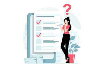 Online survey concept with people scene in flat design. Woman thinking and choosing answers for questions in digital questionnaire using app. Illustration with character situation for web - obrazy, fototapety, plakaty