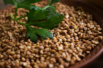 Dry buckwheat, parsley on old background