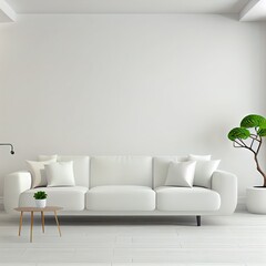 Modern living room interior. Interior mockup. The white couch near empty white wall. 3d render.