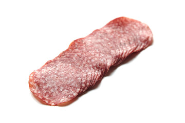 Thin sliced salami sausage isolated on white. Thin sliced italian dry salame
