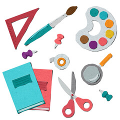 3D illustration. Set of cartoon school supplies for drawing in paper cut out and craft style. Children’s  appliqué. Collection minimalistic colourful design elements. Back to school concept.