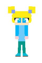 Isolated pixel art of a cute blonde girl, with big blue eyes, in a kawaii style.
