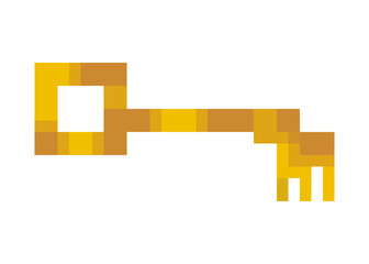 Isolated pixel art of a simple yellow golden key, with some shadows or rust.
