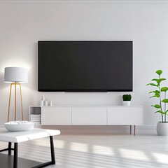 Smart Tv Mockup with black screen hanging on the white wall in modern living room. 3d rendering