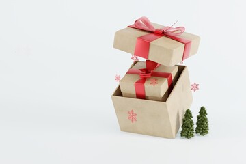A gift in a gift box on a light background and a small Christmas tree and snowflakes. Concept for Christmas and buying Christmas gifts, giving gifts. Shopping. 3D render, 3D illustration.