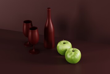 Wine glasses and a bottle of wine on a red dark background. The concept of still life, the use of glasses, wine. 3D render, 3D illustration.