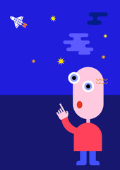 A man watching and showing the launch of the space shuttle.