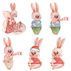 Set of christmas forest cartoon hare bunny, animal character. Winter Christmas tree floral elements, bouquets, berries, flowers, snow and snowflakes. Christmas Symbols And Elements. Happy New Year