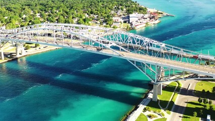 Aerial pan of the Blue Water Bridge bordering Sarnia and Port Huron 4K