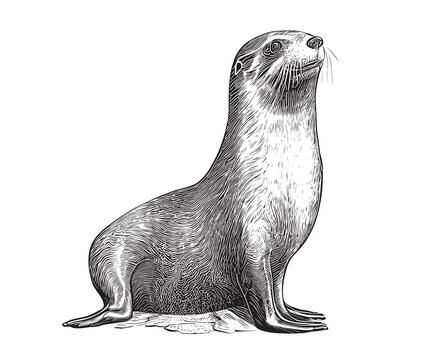 Fur seal hand drawn sketch Marine animals Vector illustration.