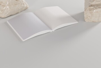 Open magazine with blank pages. The concept of content replenishment, reading books, magazines. 3D render, 3D illustration.
