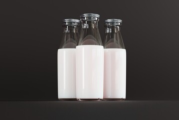Retro bottles with milk on a dark background. The concept of drinking milk, healthy eating. 3D render, 3D illustration.
