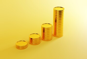 A dime of coins on a yellow background from the smallest to the largest amount. Gold coins, business and financial concept. 3D render, 3D illustration.