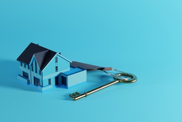 Home key on the background of the house and blue background. The concept of buying an apartment, getting your first apartment. 3D render, 3D illustration.