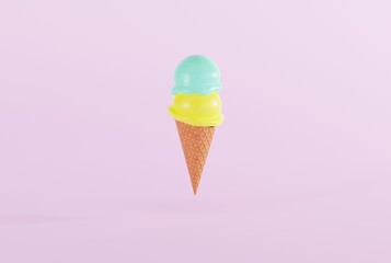 Ice cream in a waffle with ice scoops on a pink background. The concept of eating ice cream, cooling down. 3D render; 3D illustration.