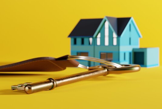 Home Key On The Background Of The House And Yellow Background. The Concept Of Buying An Apartment, Getting Your First Apartment. 3D Render, 3D Illustration.