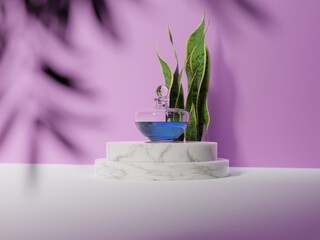 Perfume display on the platform and the shade of the leaf. The concept of using and buying perfume. Taking care of yourself and your appearance. 3D render; 3D illustration.
