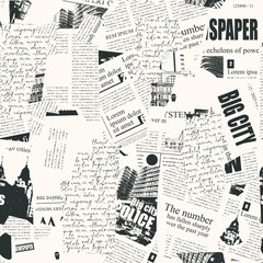 Seamless pattern with collage of newspaper or magazine clippings. Retro style vector background with titles, illustrations and imitation text. Suitable for wallpaper design, wrapping paper, fabric - 547003308