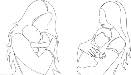 mom and baby continuous line drawing, vector, sketch