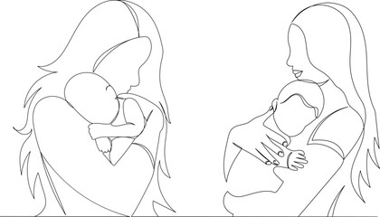 mom and baby continuous line drawing, vector, sketch