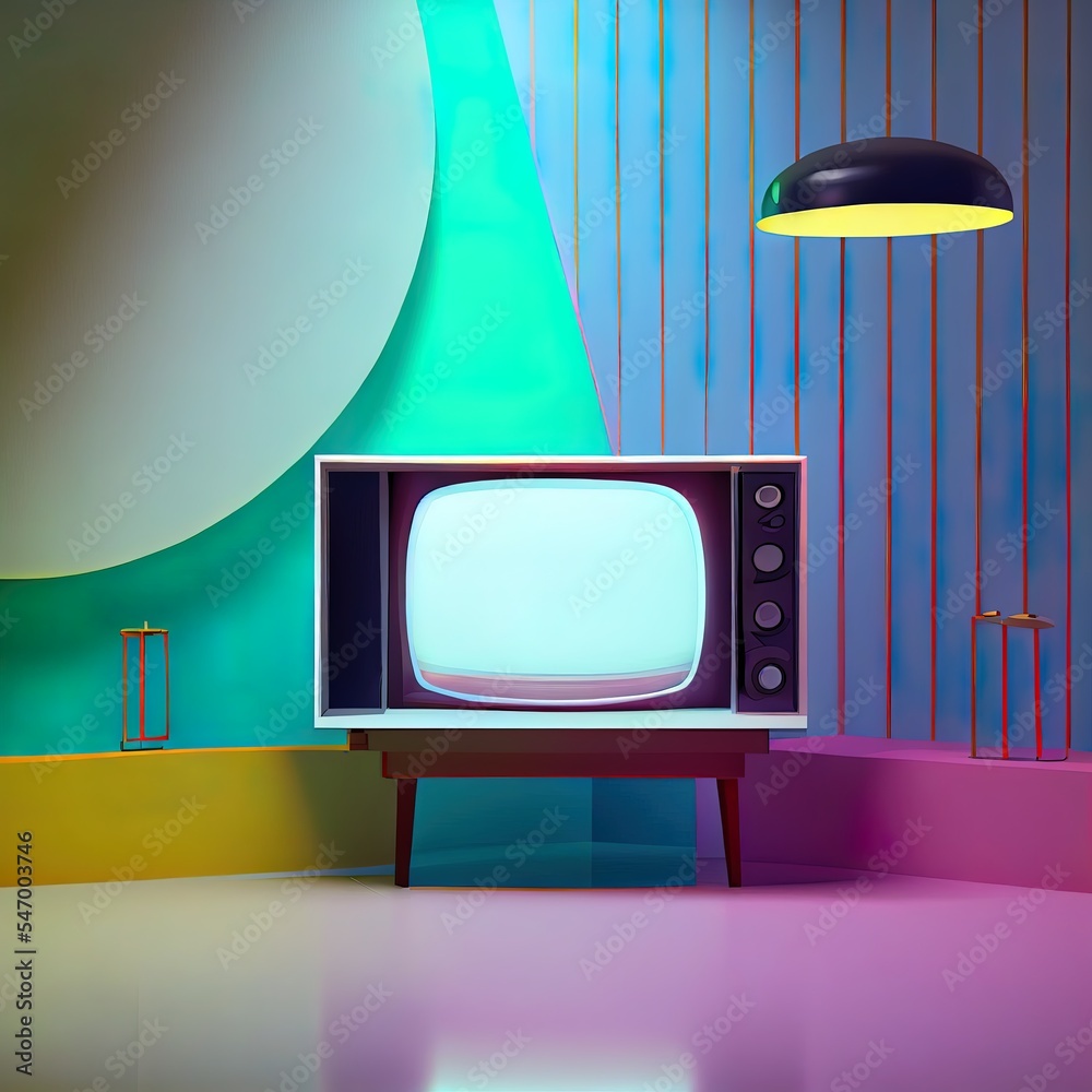 Poster 3d rendering, scene of television cartoon mock up with blank empty space, setting on colorful room a
