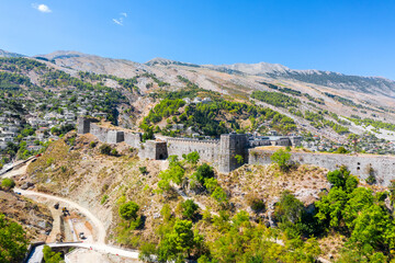 Fototapeta na wymiar Gyrocaster. Albania. Fortress. View of the city from above. White buildings in the center of the Gyrocastra. Drone shooting