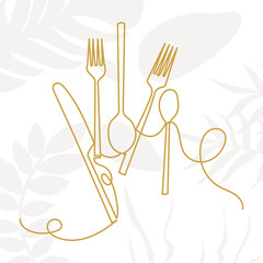 knife, fork, spoon continuous line drawing, vector, sketch
