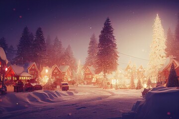Obraz premium Christmas Village. Night winter New Year's festive small town decorated with Christmas decorations, snow, garlands, houses, winter streets, night.