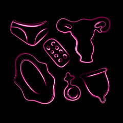 Vector isolated illustration of menstrual set with neon effect.