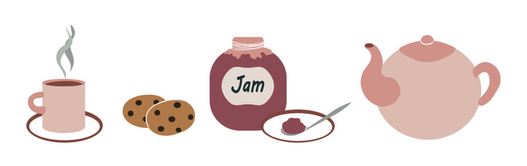 Tea time elements set vector illustration isolated on white background. Pink teapot and mug, jar of jam with a teaspoon on a saucer and chocolate cookies. Simple flat cartoon style 