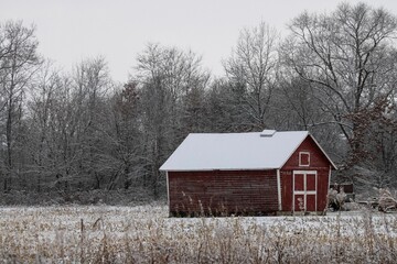 Red snow-covered barn in the countryside surrounded by naked trees in winter