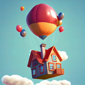 House flying with air balloon, rising of real estate price due to inflation, overvalued property or asset bubble concept, 3d render illustration.