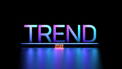 TREND 2023 year neon text concept. Banner 2023 year. 3D render. - obrazy, fototapety, plakaty