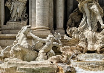 Closeup shot of the sculptures of the Trevi Fountain in Rome, Italy