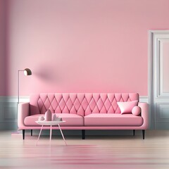Fototapeta na wymiar Living room interior wall mockup with pink sofa on empty pink wall background.3d rendering