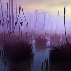 Dark swamp landscape with dead trees in fog around plants, terrible mystical place, swamp with bulrush plants at twilight, disgusting smelly mysterious place background