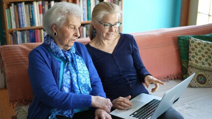 Sitting on the sofa an elderly mother and mature woman shopping online on a laptop computer.