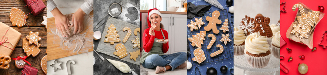 Collage of happy woman with traditional Christmas cookies and cupcakes