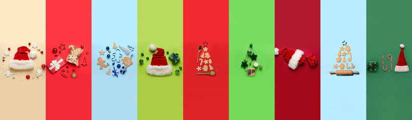 Festive collage of Christmas cookies, gifts and Santa hats on color background