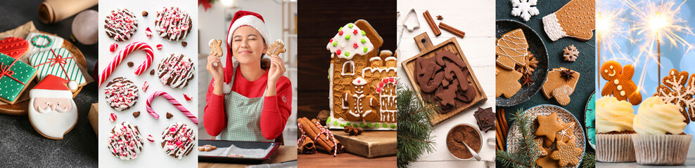 Collage of happy woman with traditional Christmas cookies, gingerbread house and cupcakes