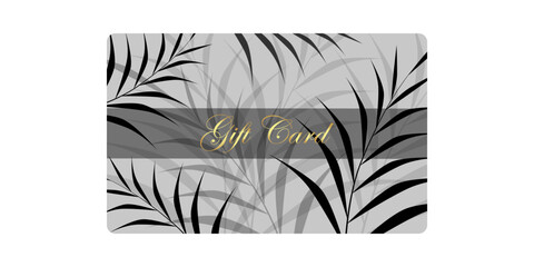 Elegant gift card with plant pattern and golden text. Transparency. Design layout template for personal invitation, coupon, discount, certificate. Delicate vector illustration.