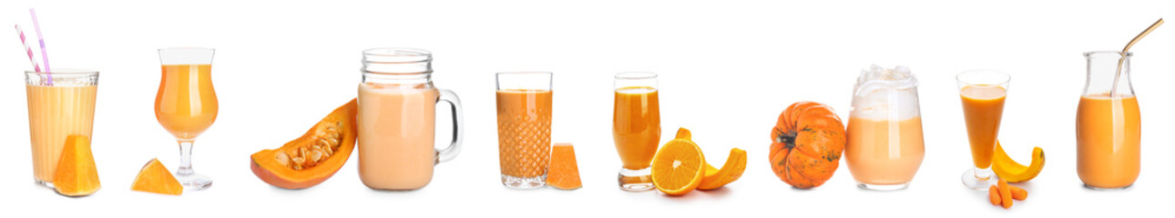Collection of pumpkin cocktails on white background