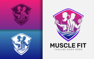 Muscle Fit Logo Design. Modern Fitness Logo with a Man and a Woman Lifting dumbbells Combined with Modern Shield Concept. Sport Vector Logo Illustration.