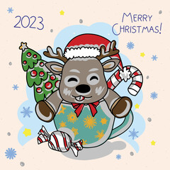 Cute deer in a cup with sweets and a Christmas tree, preparation for Christmas