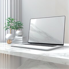 Modern marble tabletop with laptop white screen mockup, accessories and empty space for montage your product display over blurred comfortable living room background. 3d rendering, 3d illustration