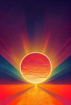 Beautiful AI generated artwork of a huge red sun with long rays shining outward at sunset