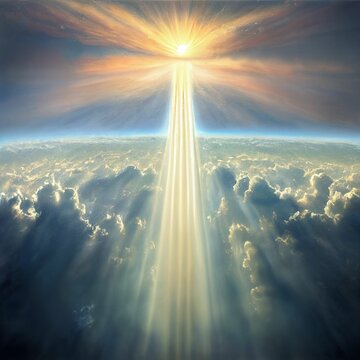 Beautiful AI generated digital artwork of heaven with a golden ray of light shining through clouds